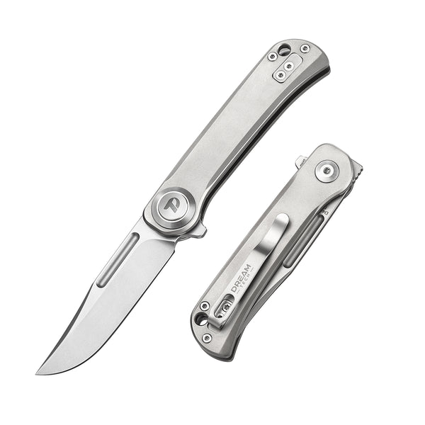 DREAMTECH Folding Pocket Knife Titanium Handle Button lock system (Our Patents) D2 Blade Knife D4055
