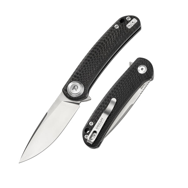 DREAMTECH Folding Knife Carbon Fiber Handle Button lock system (Our Patents) D2 Knife D4389