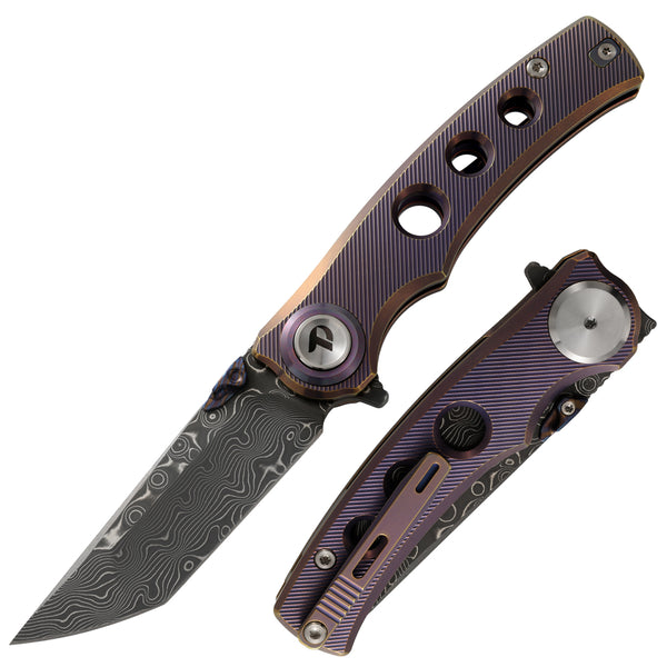 Damascus Pocket Knife With Titanium Handle Handle And Button Lock System (Our Patents)
