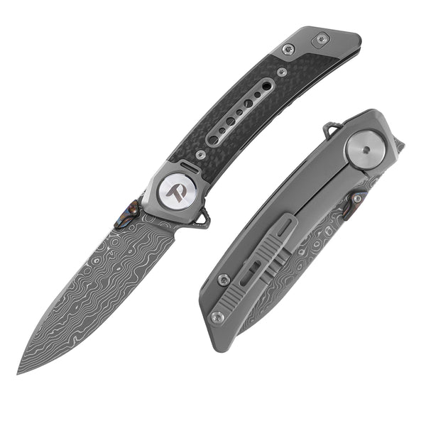 Damascus Pocket Knife With Titanium+Carbon Fiber Handle And Liner Lock System