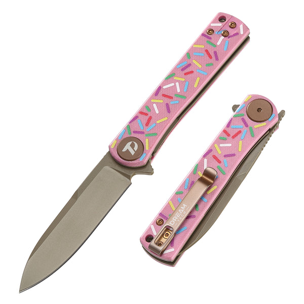 DREAMTECH Pink Dessert Knife Folding Knife G10 Knives D2 Blade Knife D3896
