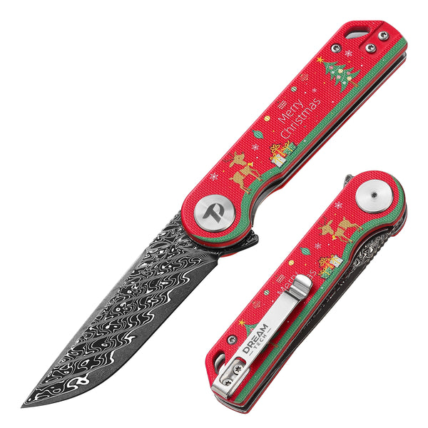 DREAMTECH Merry Christmas Knife Folding Knife G10 Handle Damascus Knife D3897