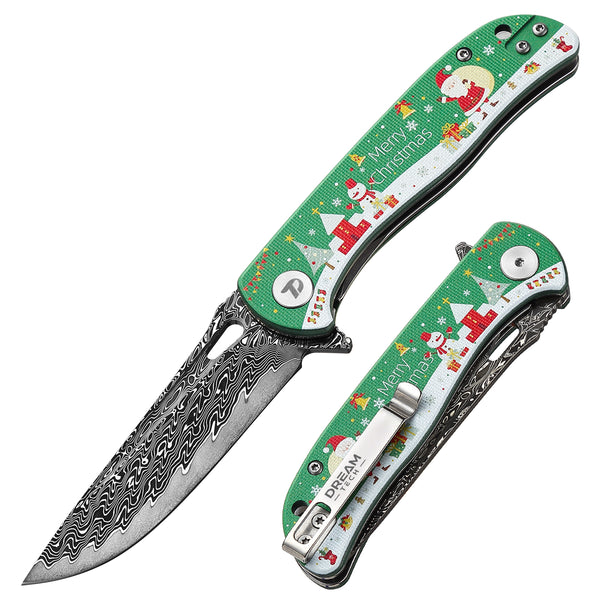 DREAMTECH Knife Gift For Christmas Folding Knife G10 Handle Damascus Knife D3898
