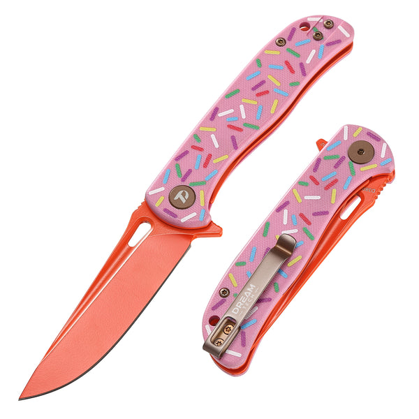 DREAMTECH Pink Dessert Knife Folding Knife G10 Handle D2 Knife D3898
