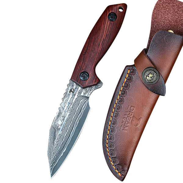 DREAMTECH Knives Fixed Blade Knife Wood Handle Leather Sheath Damascus Blade Knife D7111
