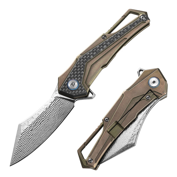 DREAMTECH Damascus Knife With Titanium & Carbon Fiber Handle And Liner Lock System D7412
